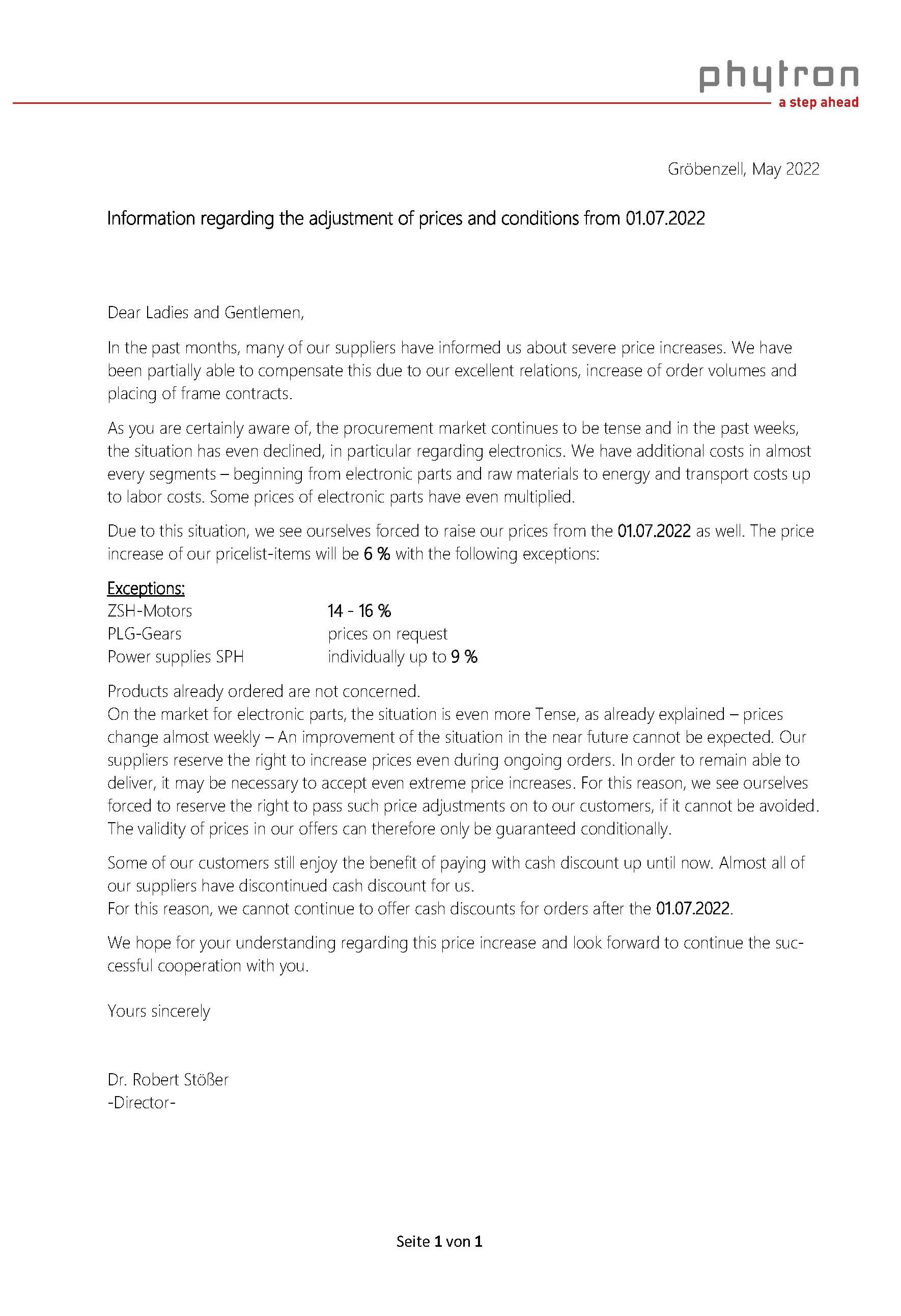 Phytron漲價(jià)說明